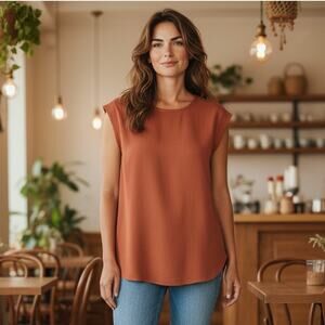 Eileen Fisher Silk Crepe SS Rust Tunic Top Crewneck Blouse Size Small